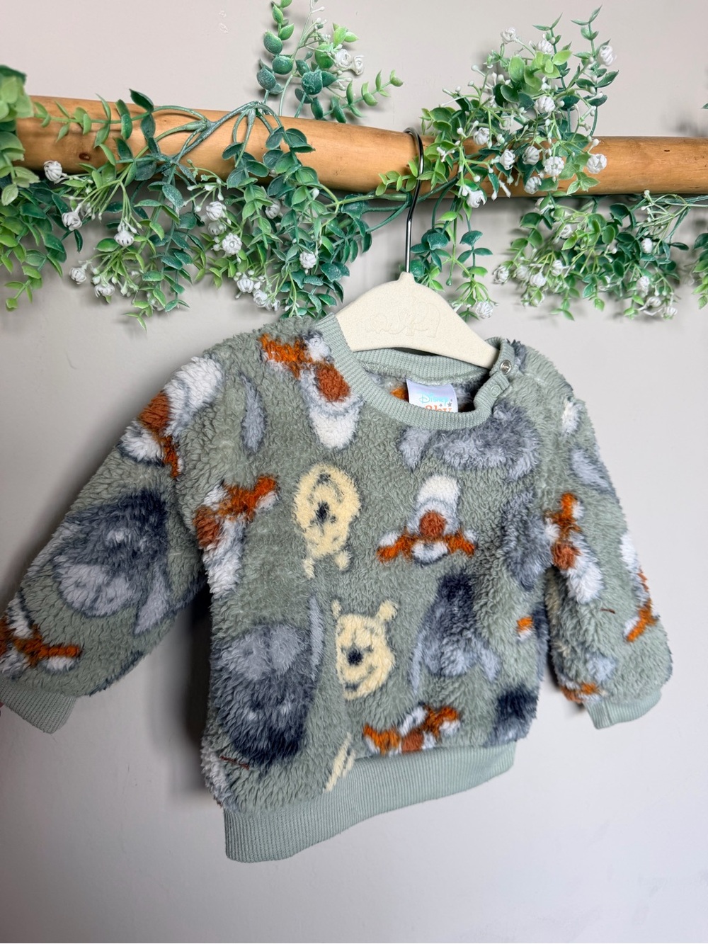 5/$35 Disney Plush Crewneck Sweatshirt in Sage Green with Character Motifs